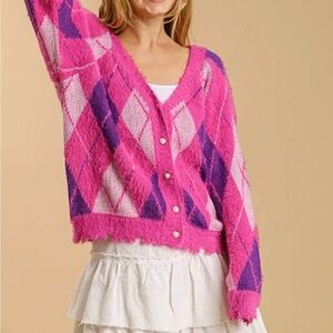 Umgee XL Fushia Argyle Button Cardigan